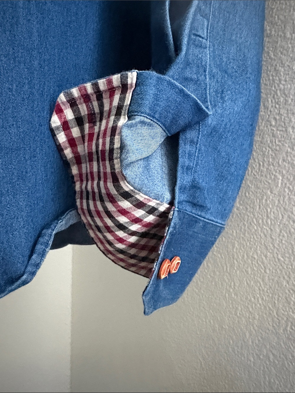Men's Casual Blue Button-Down Shirt with Check Trim - Picture 6 of 8